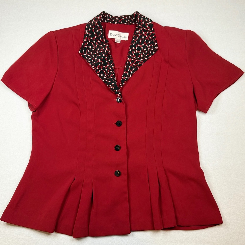 Danny & Nicole Red Short Sleeve Button Front Pleated Peplum Blouse Size 16